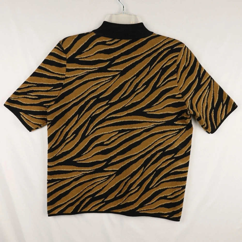 Michael Kors Sweater Womens Large Black‎ Gold Animal Print Short Sleeve Knit Top